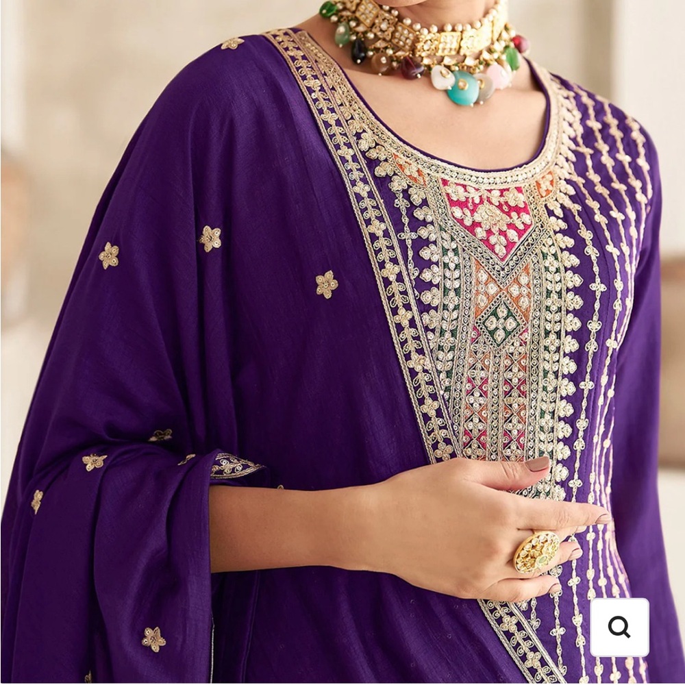 Woman salwar Chinnon Silk Party Wear  Embroidered Suit 44 XXl - Picture 5 of 12